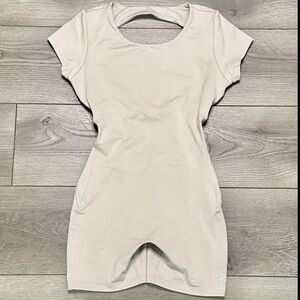 Bombshell Sportswear Open Back Tee Bodysuit Shorts Tan Size Small